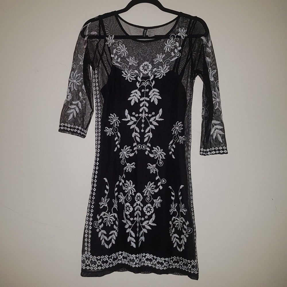 H&M Black Bodycon Dress with Embroidered Flowers
